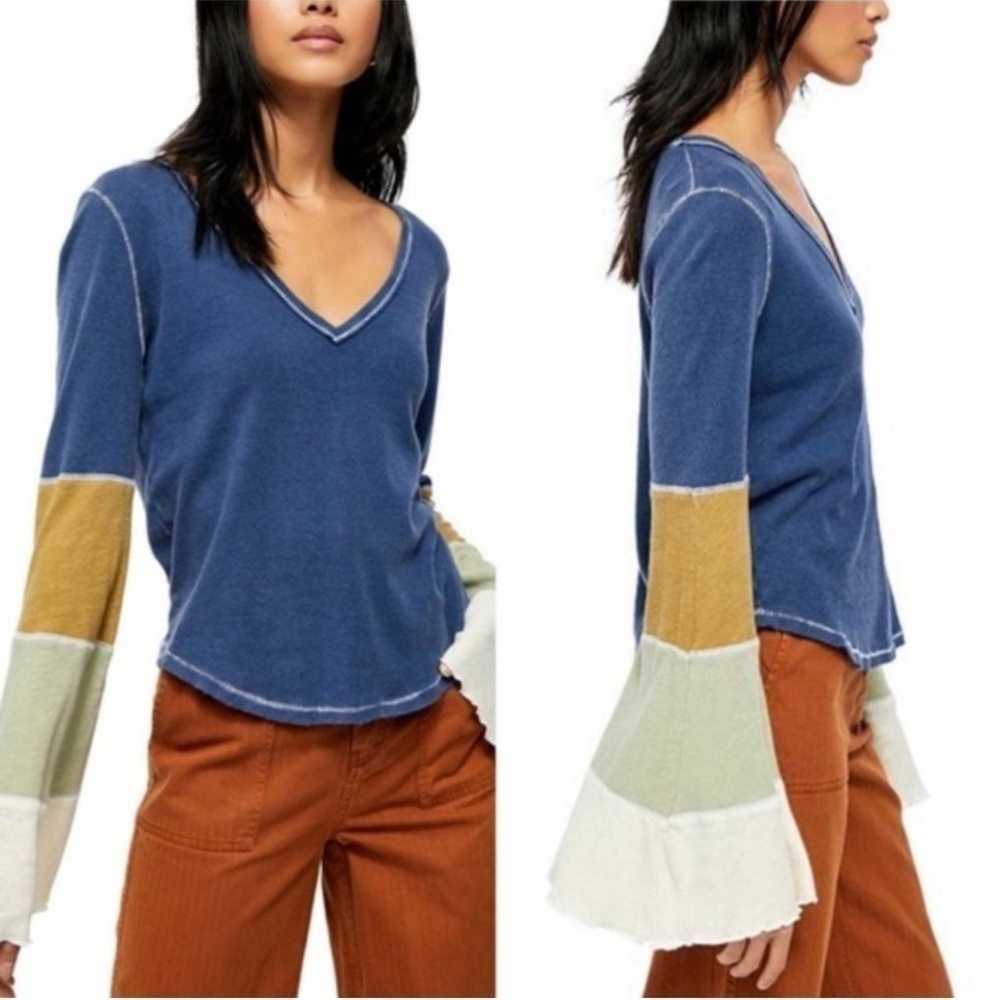 Free People Spread Your‎ Wings Linen Blend Blue Combo Long Sleeve Top Sz S Women